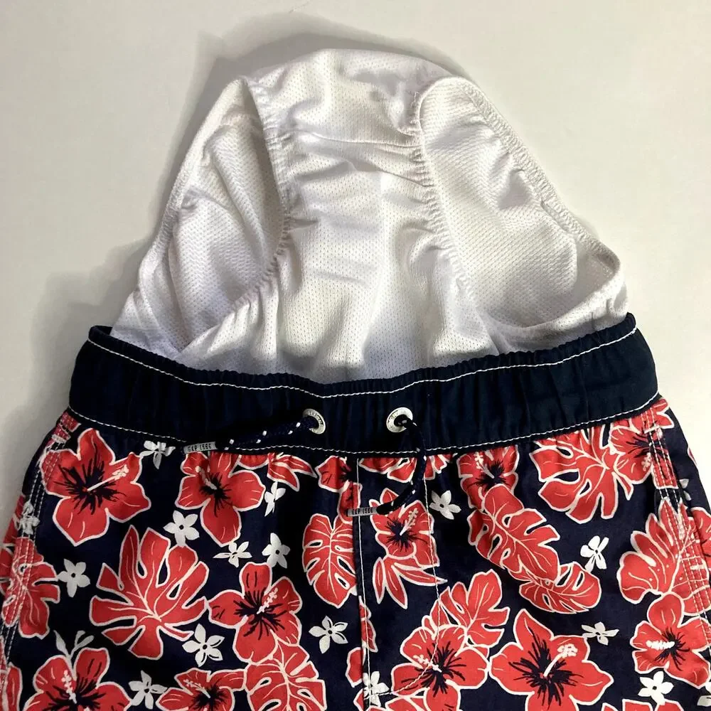 Gap Kids Tropical Hibiscus Swim Trunks - Navy Blue White Red - Small 6/7